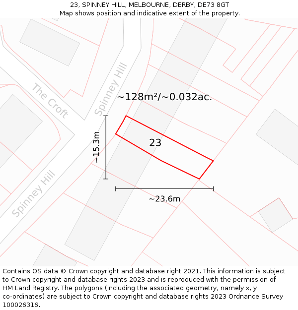 23, SPINNEY HILL, MELBOURNE, DERBY, DE73 8GT: Plot and title map