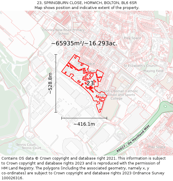 23, SPRINGBURN CLOSE, HORWICH, BOLTON, BL6 6SR: Plot and title map