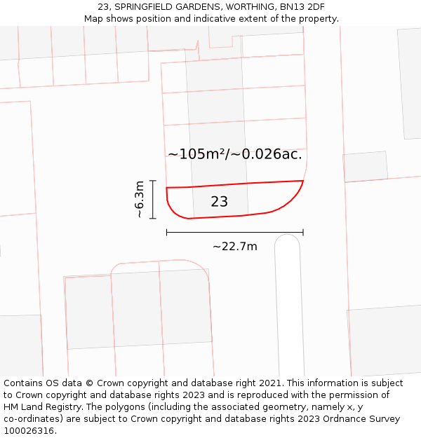 23, SPRINGFIELD GARDENS, WORTHING, BN13 2DF: Plot and title map