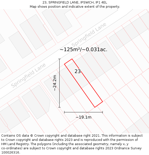 23, SPRINGFIELD LANE, IPSWICH, IP1 4EL: Plot and title map