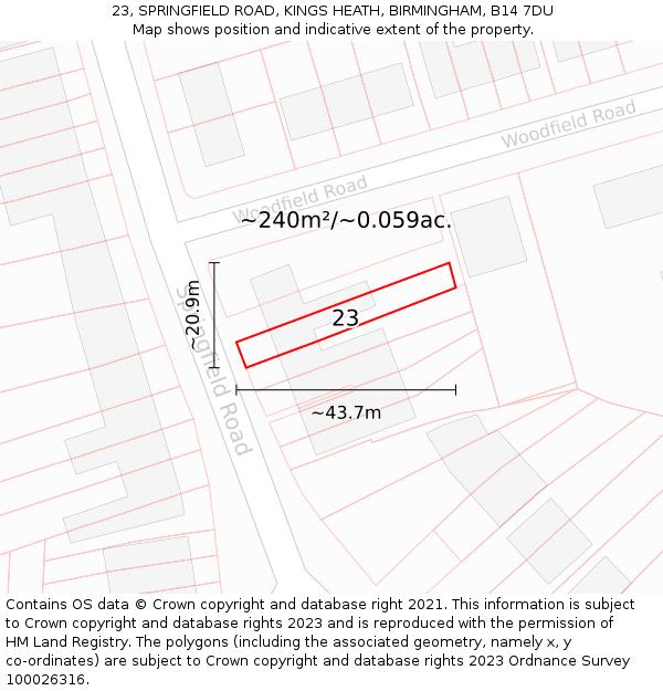 23, SPRINGFIELD ROAD, KINGS HEATH, BIRMINGHAM, B14 7DU: Plot and title map