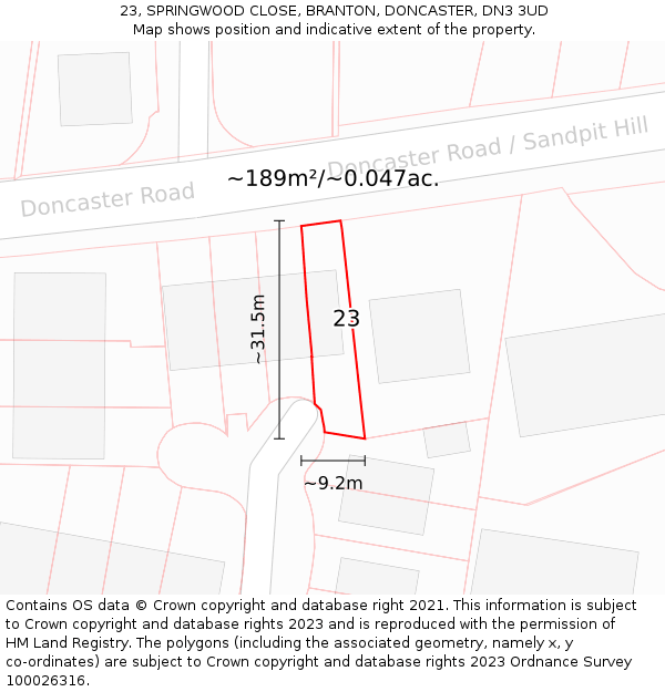 23, SPRINGWOOD CLOSE, BRANTON, DONCASTER, DN3 3UD: Plot and title map