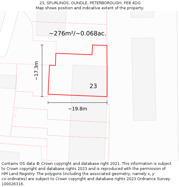 23, SPURLINGS, OUNDLE, PETERBOROUGH, PE8 4DG: Plot and title map