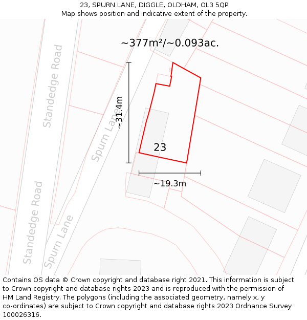 23, SPURN LANE, DIGGLE, OLDHAM, OL3 5QP: Plot and title map