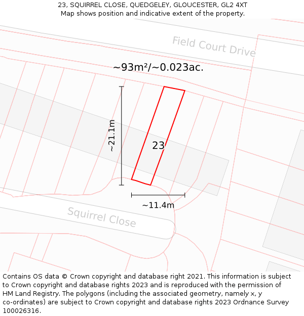 23, SQUIRREL CLOSE, QUEDGELEY, GLOUCESTER, GL2 4XT: Plot and title map