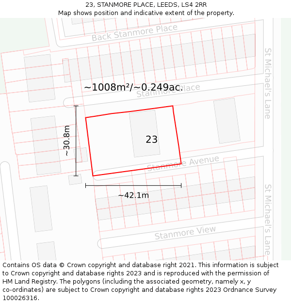 23, STANMORE PLACE, LEEDS, LS4 2RR: Plot and title map