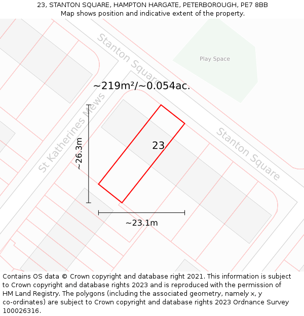 23, STANTON SQUARE, HAMPTON HARGATE, PETERBOROUGH, PE7 8BB: Plot and title map
