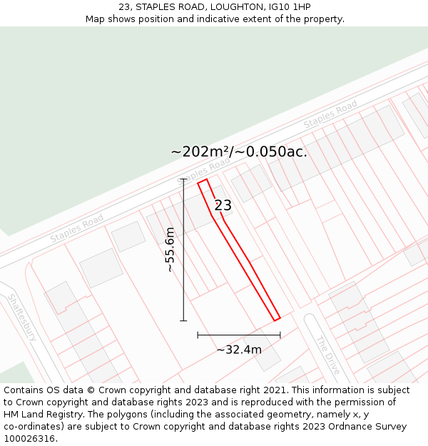 23, STAPLES ROAD, LOUGHTON, IG10 1HP: Plot and title map