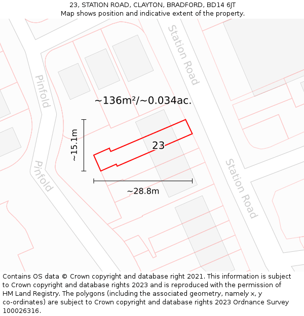 23, STATION ROAD, CLAYTON, BRADFORD, BD14 6JT: Plot and title map