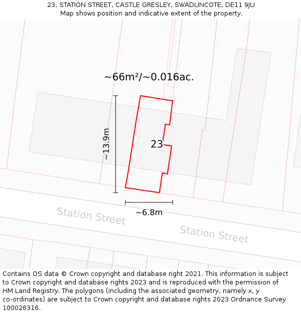 23, STATION STREET, CASTLE GRESLEY, SWADLINCOTE, DE11 9JU: Plot and title map