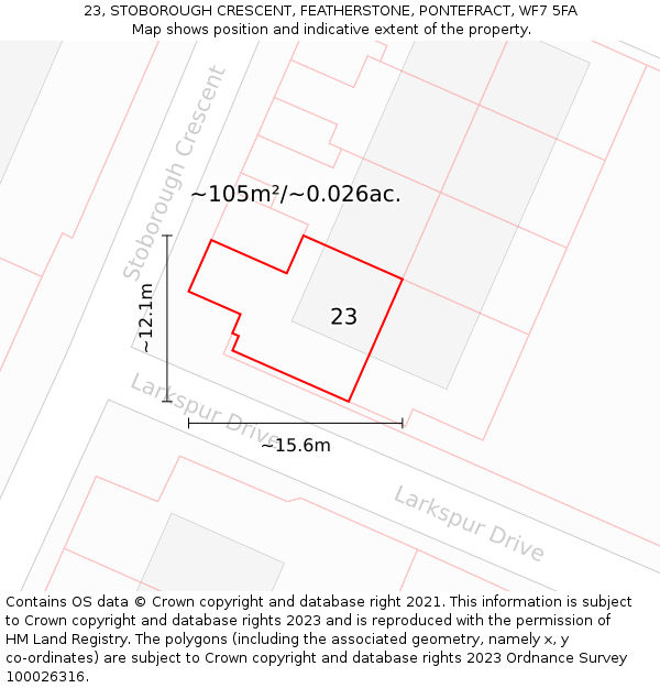 23, STOBOROUGH CRESCENT, FEATHERSTONE, PONTEFRACT, WF7 5FA: Plot and title map