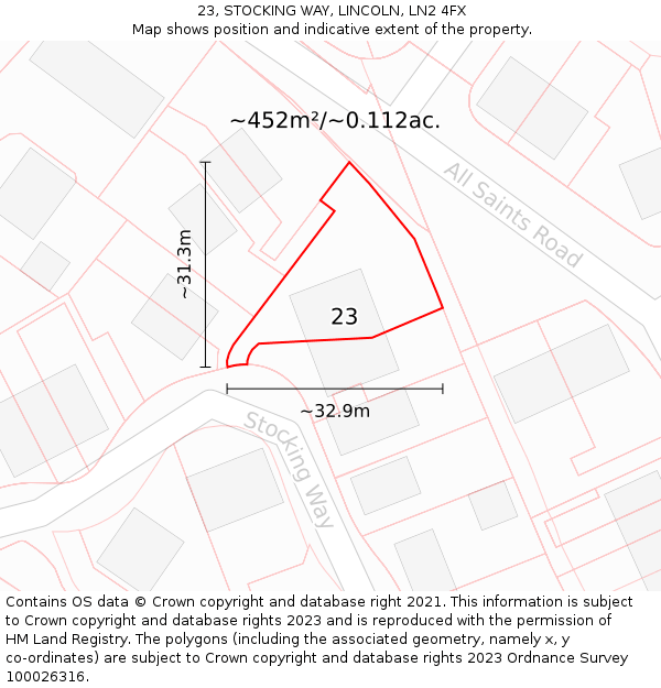 23, STOCKING WAY, LINCOLN, LN2 4FX: Plot and title map