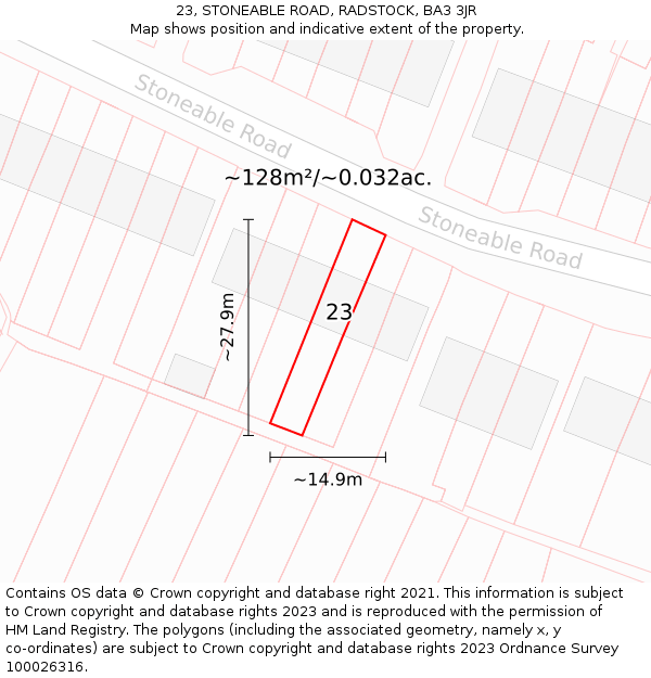 23, STONEABLE ROAD, RADSTOCK, BA3 3JR: Plot and title map