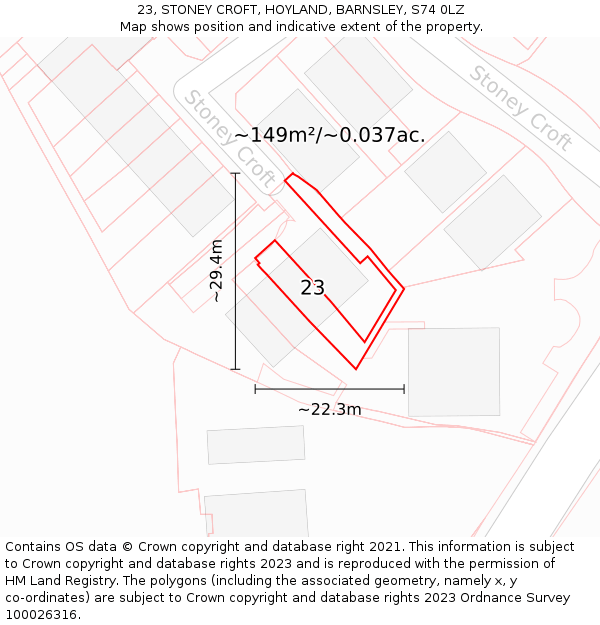 23, STONEY CROFT, HOYLAND, BARNSLEY, S74 0LZ: Plot and title map