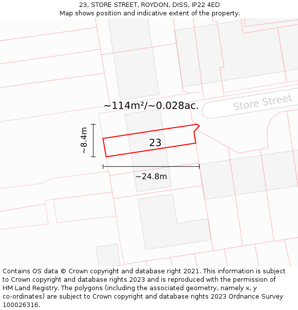 23, STORE STREET, ROYDON, DISS, IP22 4ED: Plot and title map