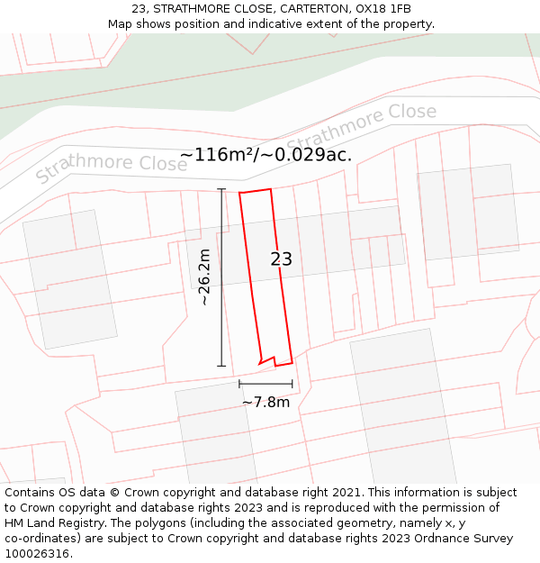 23, STRATHMORE CLOSE, CARTERTON, OX18 1FB: Plot and title map