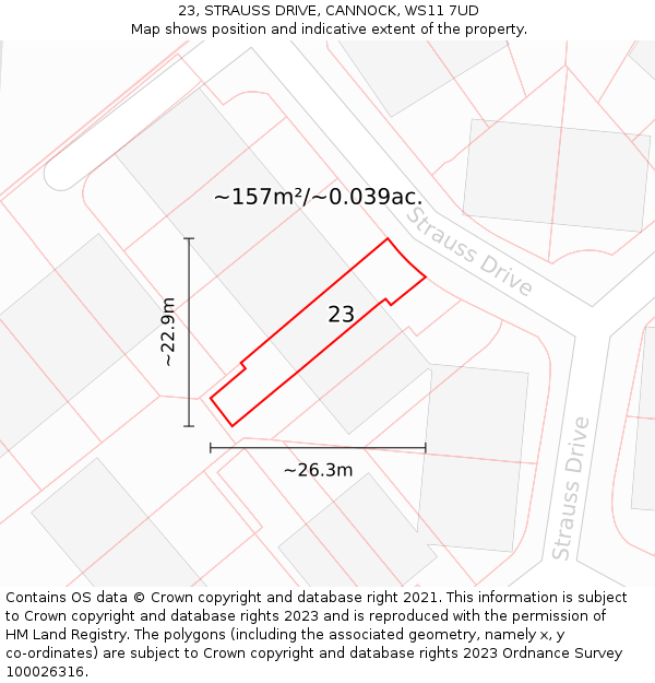 23, STRAUSS DRIVE, CANNOCK, WS11 7UD: Plot and title map