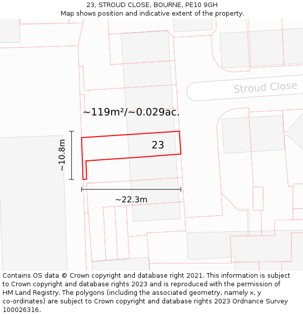 23, STROUD CLOSE, BOURNE, PE10 9GH: Plot and title map