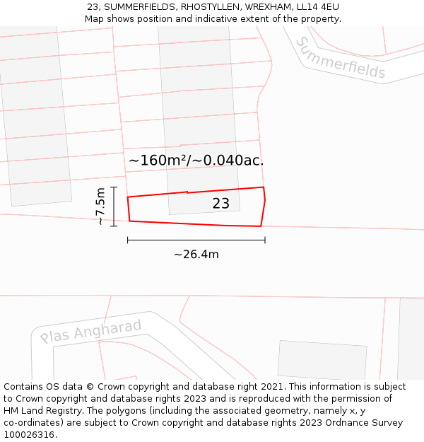 23, SUMMERFIELDS, RHOSTYLLEN, WREXHAM, LL14 4EU: Plot and title map