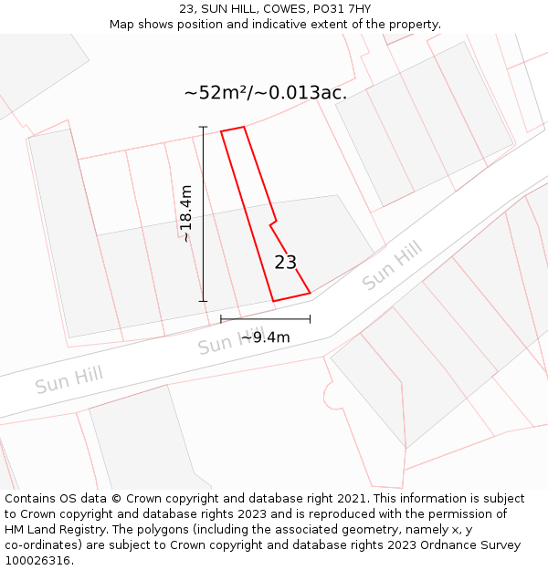 23, SUN HILL, COWES, PO31 7HY: Plot and title map