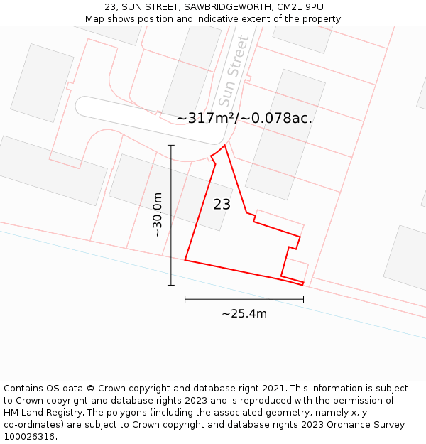 23, SUN STREET, SAWBRIDGEWORTH, CM21 9PU: Plot and title map
