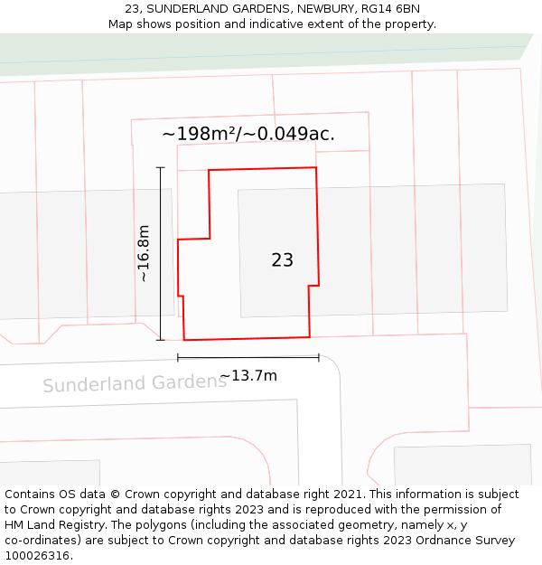 23, SUNDERLAND GARDENS, NEWBURY, RG14 6BN: Plot and title map