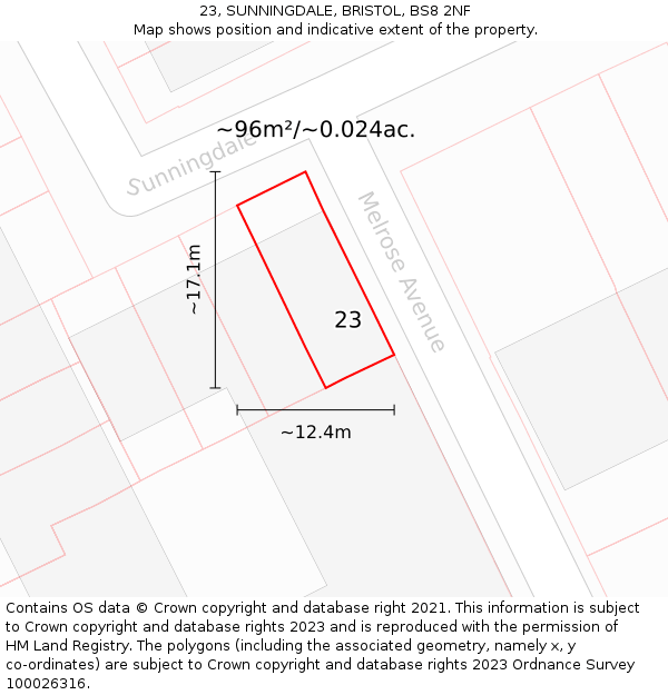 23, SUNNINGDALE, BRISTOL, BS8 2NF: Plot and title map