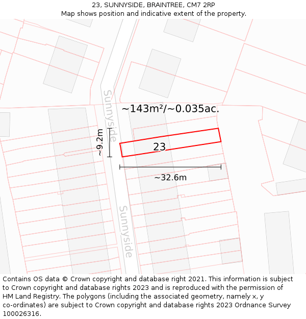 23, SUNNYSIDE, BRAINTREE, CM7 2RP: Plot and title map