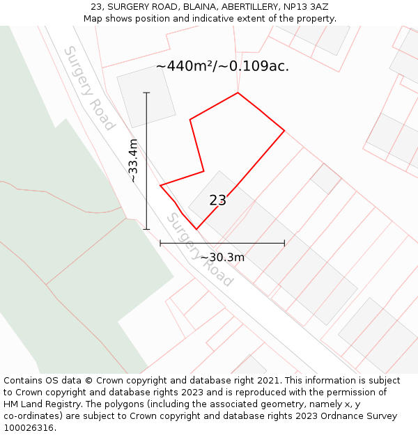 23, SURGERY ROAD, BLAINA, ABERTILLERY, NP13 3AZ: Plot and title map