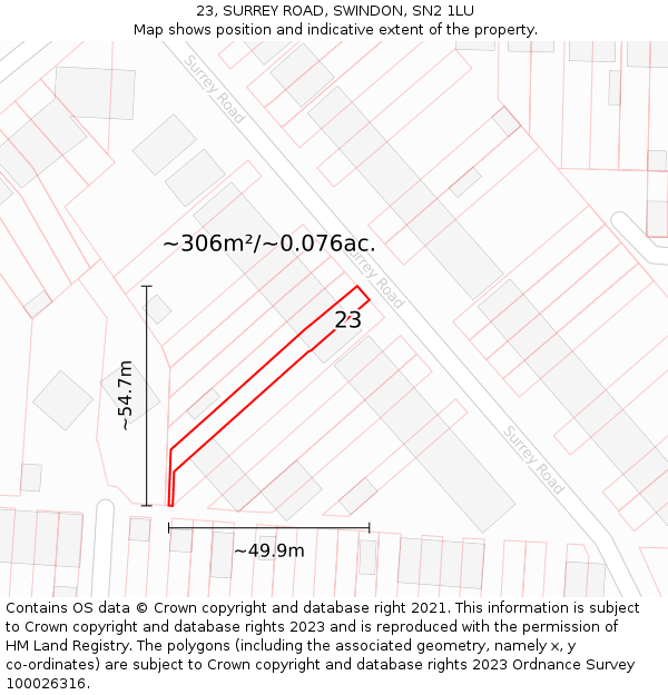23, SURREY ROAD, SWINDON, SN2 1LU: Plot and title map