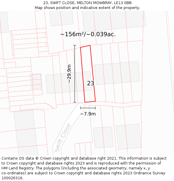 23, SWIFT CLOSE, MELTON MOWBRAY, LE13 0BB: Plot and title map