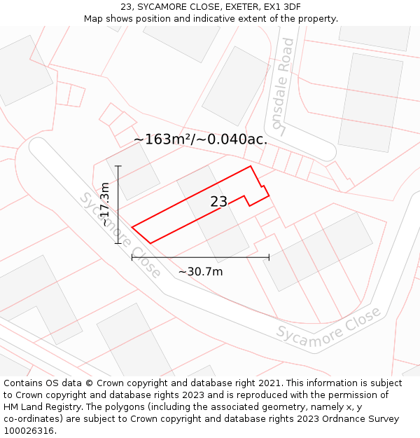 23, SYCAMORE CLOSE, EXETER, EX1 3DF: Plot and title map