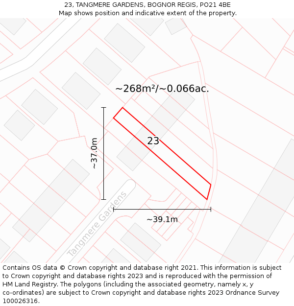 23, TANGMERE GARDENS, BOGNOR REGIS, PO21 4BE: Plot and title map