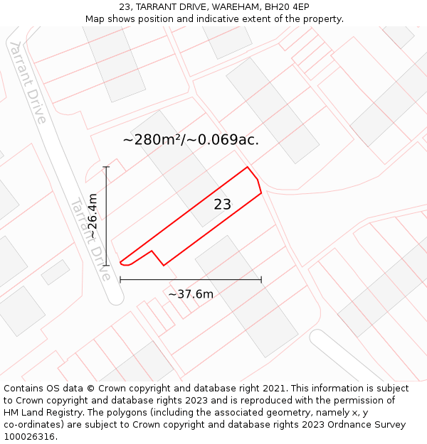 23, TARRANT DRIVE, WAREHAM, BH20 4EP: Plot and title map