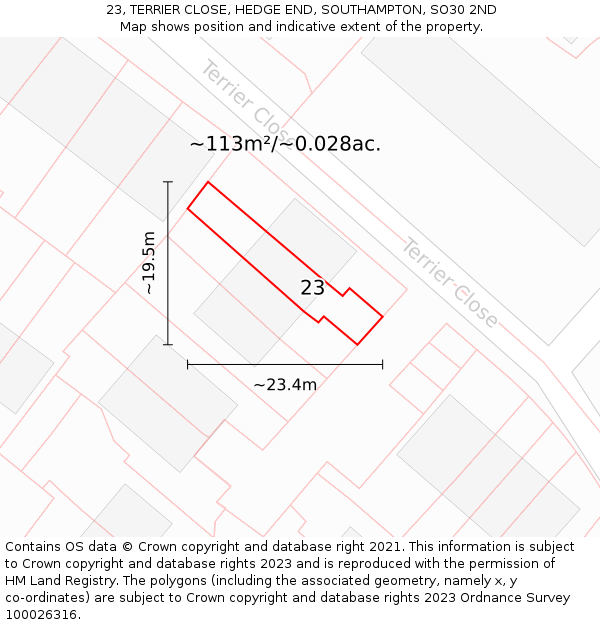 23, TERRIER CLOSE, HEDGE END, SOUTHAMPTON, SO30 2ND: Plot and title map