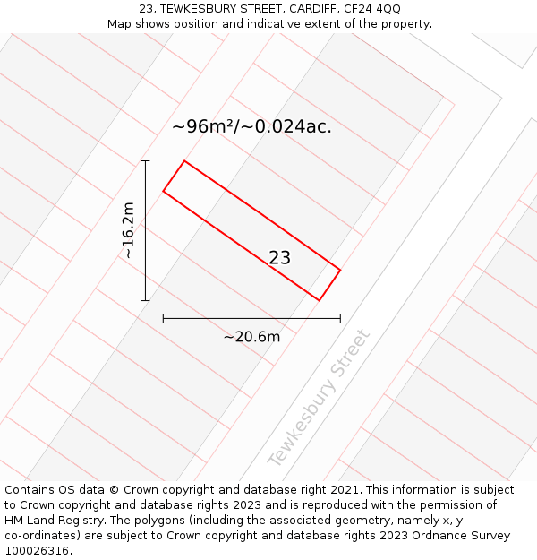 23, TEWKESBURY STREET, CARDIFF, CF24 4QQ: Plot and title map