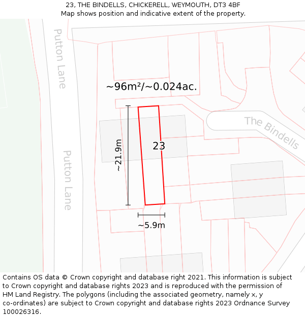 23, THE BINDELLS, CHICKERELL, WEYMOUTH, DT3 4BF: Plot and title map