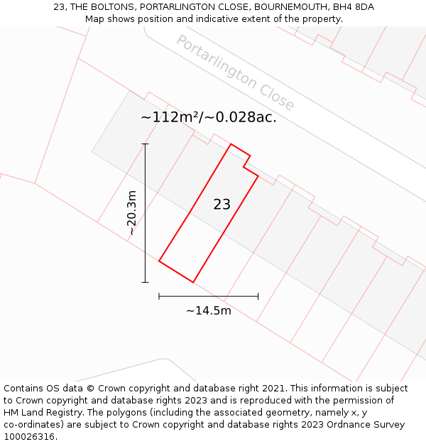 23, THE BOLTONS, PORTARLINGTON CLOSE, BOURNEMOUTH, BH4 8DA: Plot and title map