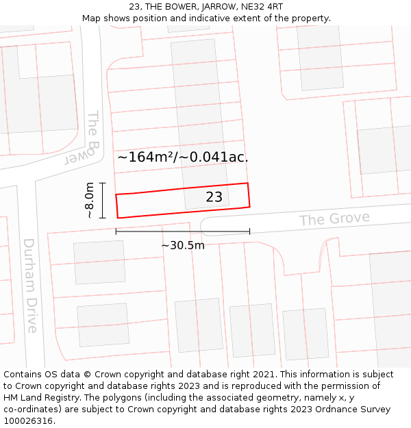 23, THE BOWER, JARROW, NE32 4RT: Plot and title map