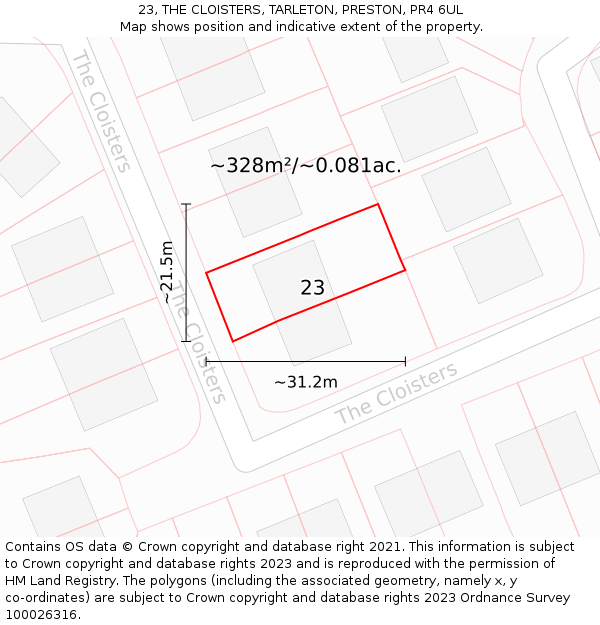 23, THE CLOISTERS, TARLETON, PRESTON, PR4 6UL: Plot and title map