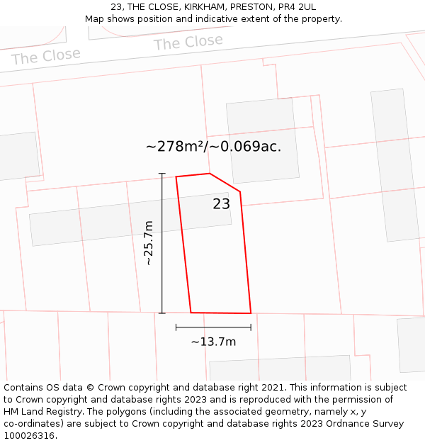 23, THE CLOSE, KIRKHAM, PRESTON, PR4 2UL: Plot and title map