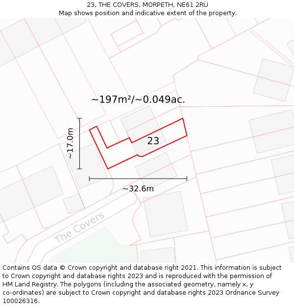 23, THE COVERS, MORPETH, NE61 2RU: Plot and title map