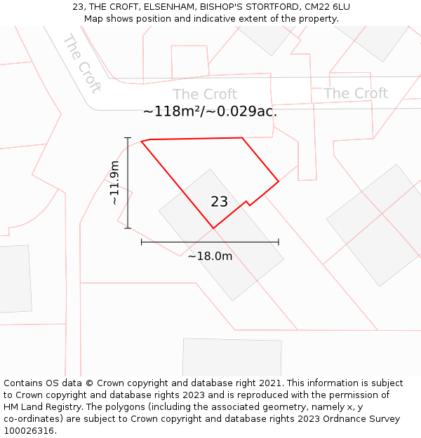 23, THE CROFT, ELSENHAM, BISHOP'S STORTFORD, CM22 6LU: Plot and title map