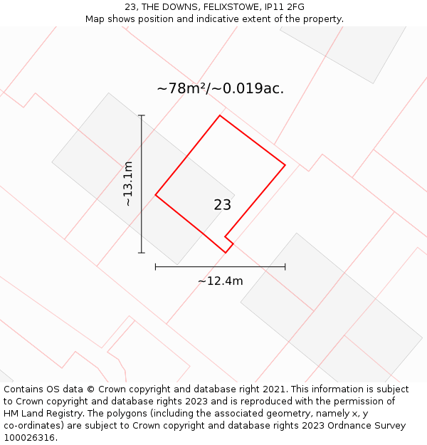 23, THE DOWNS, FELIXSTOWE, IP11 2FG: Plot and title map