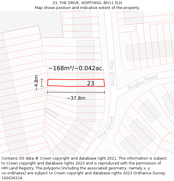23, THE DRIVE, WORTHING, BN11 5LN: Plot and title map