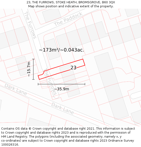 23, THE FURROWS, STOKE HEATH, BROMSGROVE, B60 3QX: Plot and title map