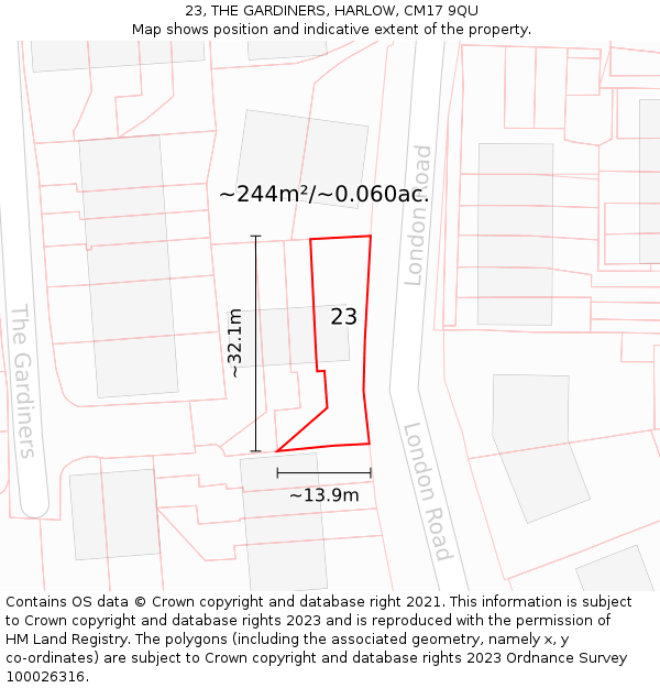 23, THE GARDINERS, HARLOW, CM17 9QU: Plot and title map