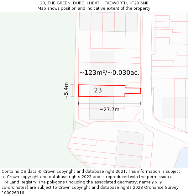 23, THE GREEN, BURGH HEATH, TADWORTH, KT20 5NP: Plot and title map