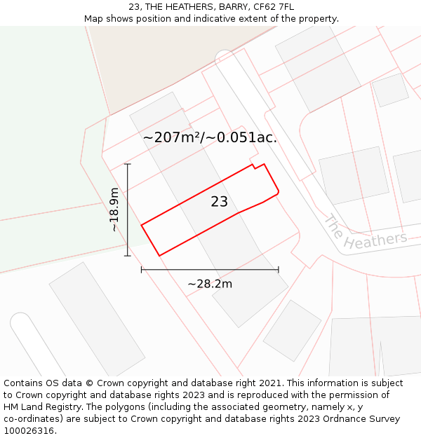 23, THE HEATHERS, BARRY, CF62 7FL: Plot and title map