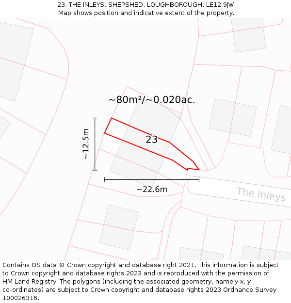23, THE INLEYS, SHEPSHED, LOUGHBOROUGH, LE12 9JW: Plot and title map